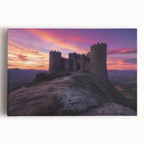 Stretched canvas artwork showcasing a vibrant landscape with a majestic castle surrounded by lush greenery, perfect for enhancing home decor.