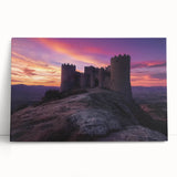 Stretched canvas artwork depicting a serene landscape with an enchanting castle, featuring vibrant colors and intricate details, perfect for home decor.