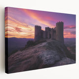 Stretched canvas artwork showcasing a scenic landscape with a majestic castle, featuring vibrant colors and intricate detailing, perfect for home decor.