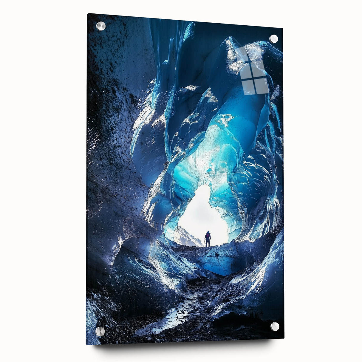 Acrylic glass artwork showcasing a stunning landscape design with intricate cave details, displayed from a side view and secured with pins for stability. The vibrant colors and textures highlight the beauty of the natural scenery, making it an eye-catching piece for home decor.