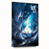 Acrylic glass artwork depicting a stunning landscape view of caves, showcasing vibrant colors and intricate details, framed elegantly without pins for a sleek presentation.