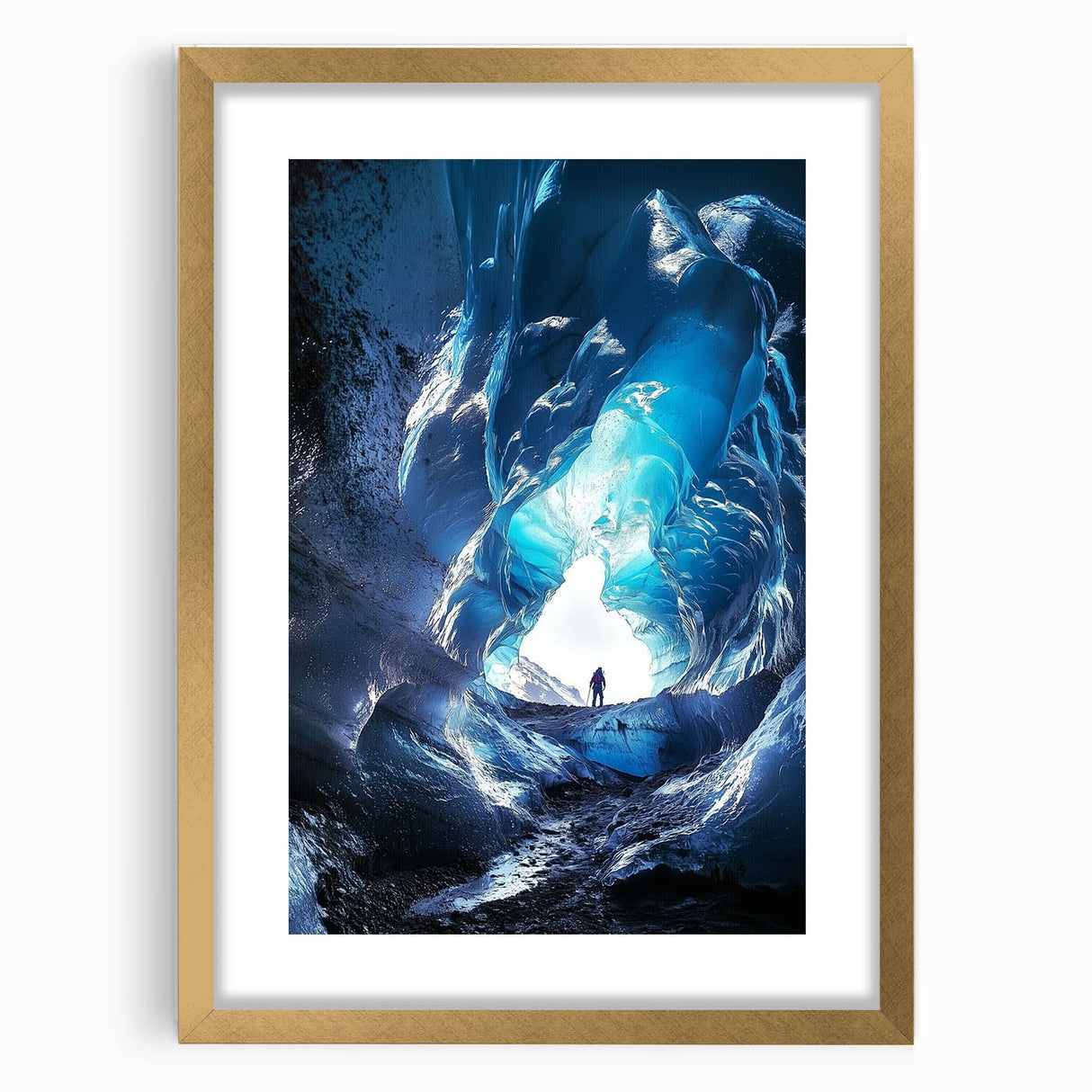 Elegant gold-framed landscape artwork showcasing intricate cave formations, displayed with a white mat for a sophisticated look, ideal for enhancing home decor.