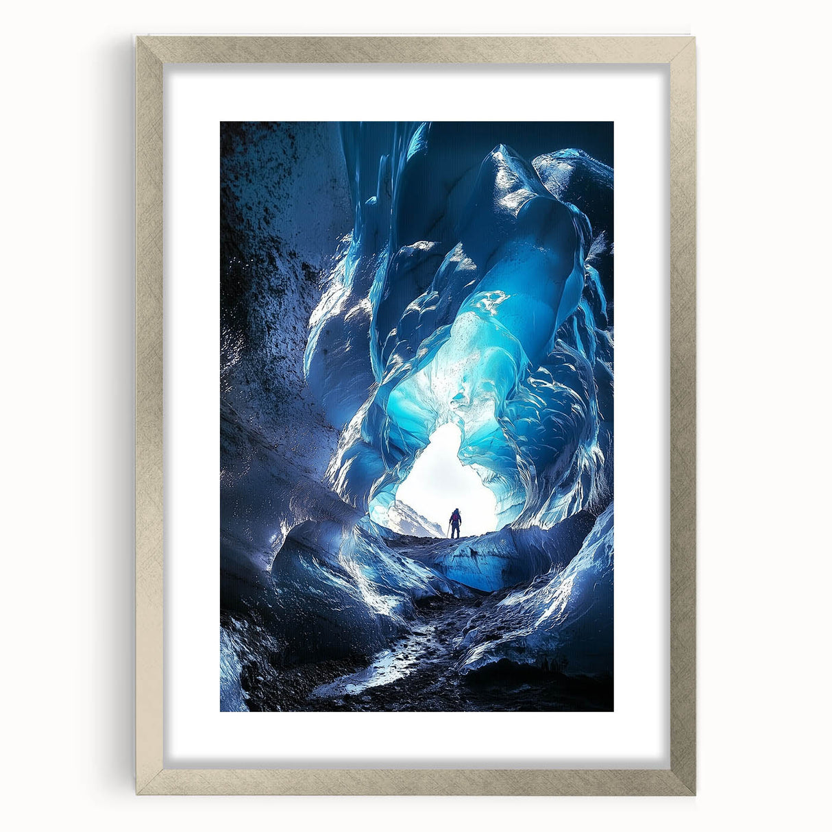 Silver-framed landscape art print depicting serene cave scenery, featuring a white mat for added elegance, ideal for enhancing modern home decor aesthetics.