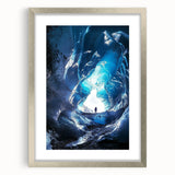 Silver-framed landscape art print depicting serene cave scenery, featuring a white mat for added elegance, ideal for enhancing modern home decor aesthetics.