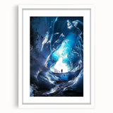 Framed landscape artwork showcasing a serene cave scene with vibrant colors and intricate details, presented in a sleek white mat for an elegant finish.