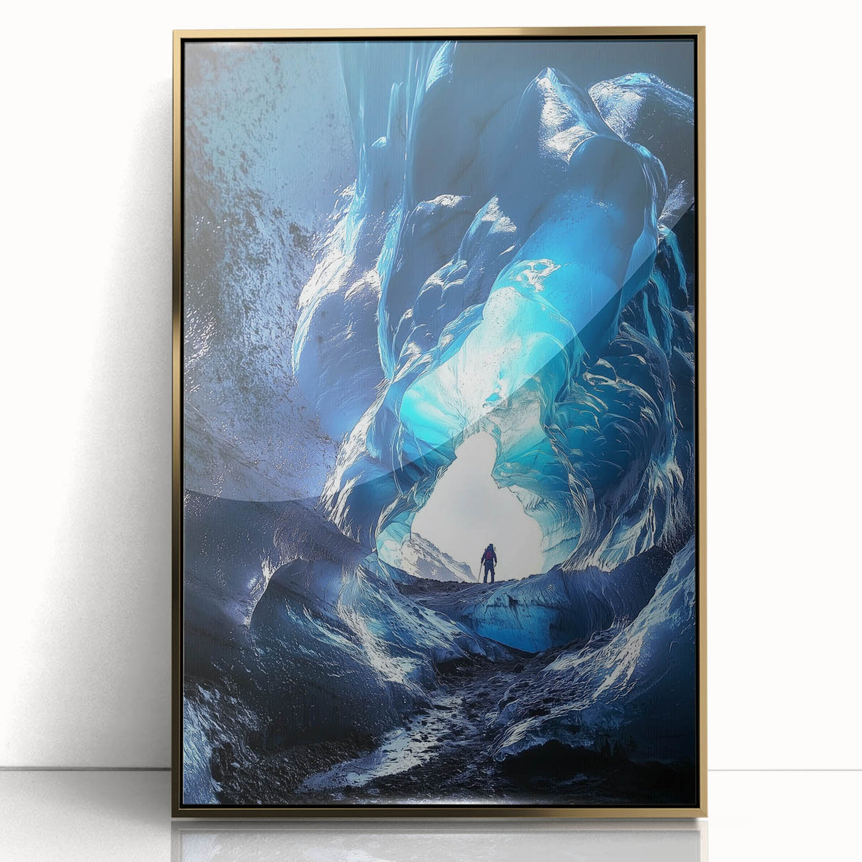 Framed acrylic artwork showcasing a stunning landscape of caves, featuring gold accents and a sleek front view, perfect for modern home decor.