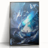 Framed acrylic artwork titled "Landscapes & Caves" showcasing a serene natural scene with intricate details in silver tones, ideal for modern home decor.