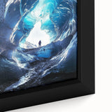 Close-up of a framed canvas artwork featuring a vibrant landscape with intricate cave designs, showcasing rich colors and detailed textures, perfect for home decor.