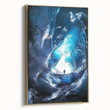 Framed canvas artwork showcasing a stunning landscape with caves, elegantly framed in gold. The piece highlights intricate details and vibrant colors, ideal for enhancing any decor.