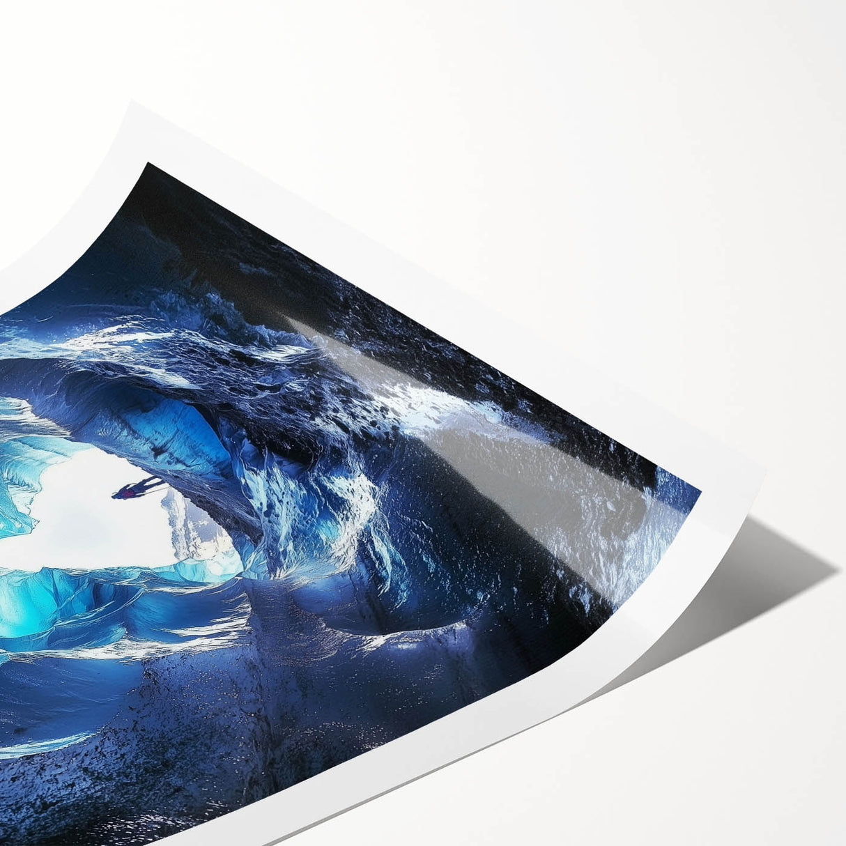 Vibrant rolled print showcasing a stunning landscape scene with intricate cave formations, designed for art enthusiasts, packaged securely in a protective tube.