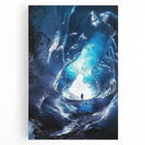 Stretched canvas artwork depicting a serene landscape with caves, featuring earthy tones and intricate details, perfect for enhancing home decor or art collections.