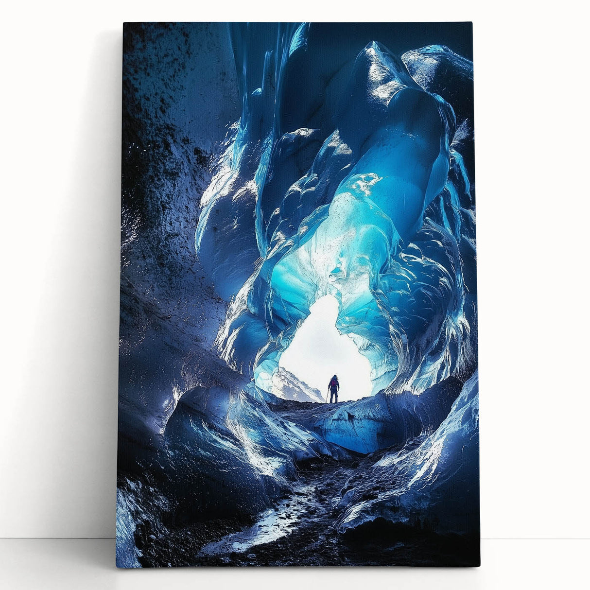 Stretched canvas artwork depicting a serene landscape with caves, featuring earthy tones and intricate details, ideal for enhancing home decor and creating a calming atmosphere.