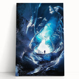 Stretched canvas artwork depicting a serene landscape with caves, featuring earthy tones and intricate details, ideal for enhancing home decor and creating a calming atmosphere.