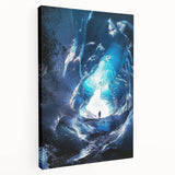 Stretched canvas artwork depicting a serene landscape with caves, showcasing earthy tones and intricate details, perfect for home decor or art enthusiasts.