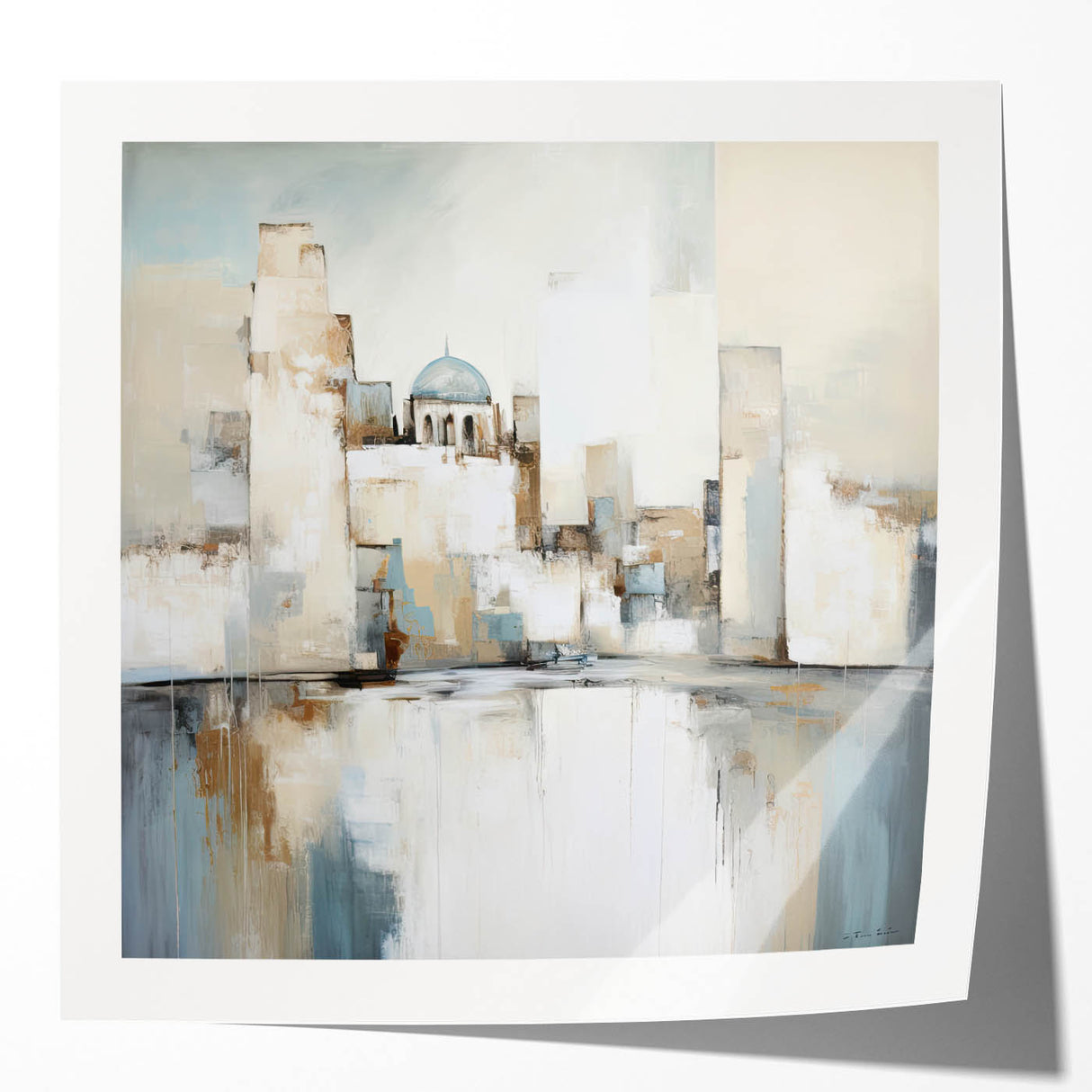 Abstract architecture wall art print showcasing bold geometric shapes and vibrant colors, displayed in a glossy mockup setting, ideal for modern decor.
