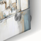 Close-up of abstract architecture wall art design printed on acrylic glass, featuring vibrant colors and sharp lines, perfect for modern interior decor.