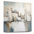 Abstract architectural wall art displayed in a side view, featuring vibrant colors and geometric shapes, mounted with pins on an acrylic glass surface, ideal for modern decor.