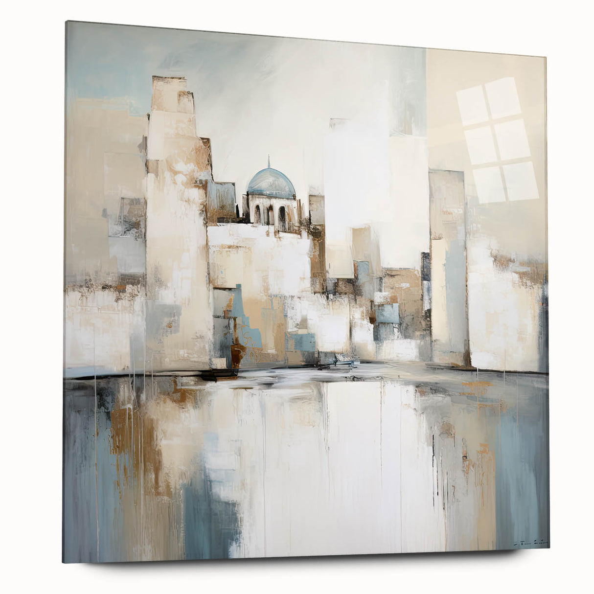 Abstract architectural wall art design displayed in a sleek acrylic frame, showcasing vibrant colors and geometric patterns, perfect for modern home decor.