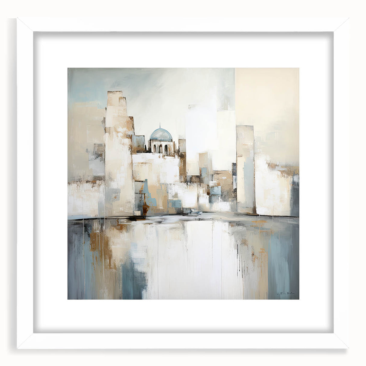 Abstract architectural wall art framed in white, showcasing geometric shapes and soft colors, ideal for modern home decor and artistic interiors.