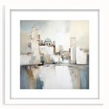 Abstract architectural wall art framed in white, showcasing geometric shapes and soft colors, ideal for modern home decor and artistic interiors.