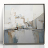 Framed acrylic wall art showcasing an abstract architectural design with silver accents, perfect for modern home decor. Ideal for enhancing contemporary interiors.