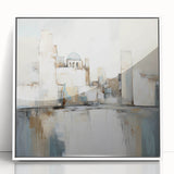 Framed abstract architecture wall art featuring geometric shapes in soft white and gray tones, enhancing modern decor with a contemporary aesthetic.