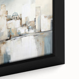 Close-up of a framed canvas showcasing abstract architecture wall art with vibrant colors and intricate geometric patterns, perfect for modern home decor.