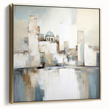 Abstract architectural wall art featuring a silver and gold color palette, elegantly framed on canvas, showcasing modern design elements and textures. Ideal for contemporary home decor.