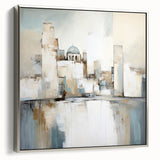 Framed canvas wall art showcasing an abstract architectural design in silver tones, highlighting intricate geometric patterns and modern aesthetics for stylish decor.