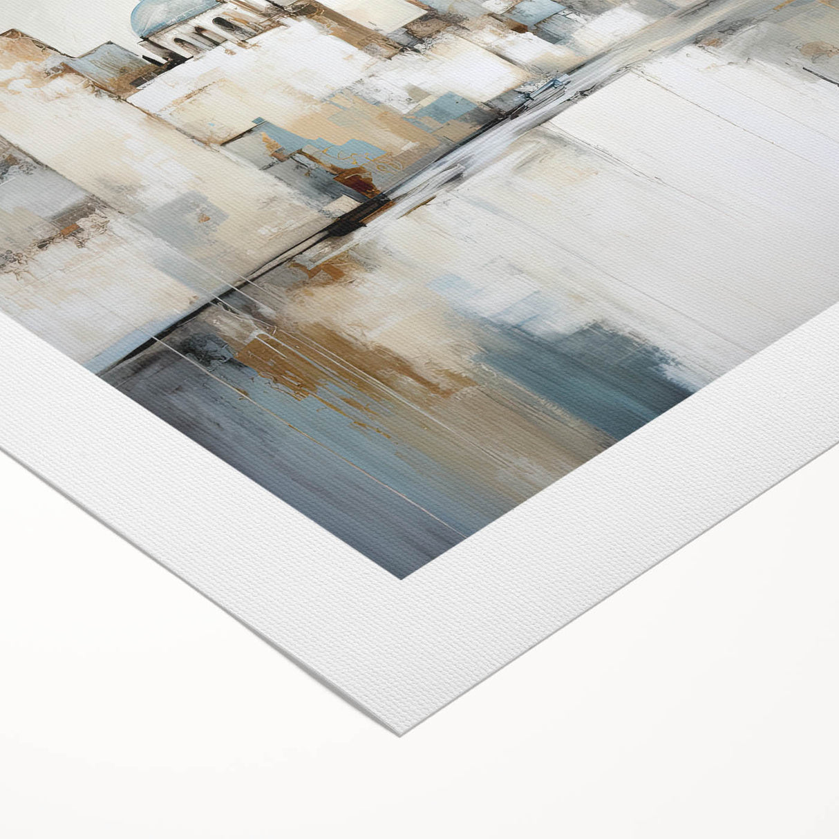 Abstract architectural wall art design on rolled canvas, showcasing vibrant colors and geometric patterns, elegantly packaged in a protective cardboard tube.