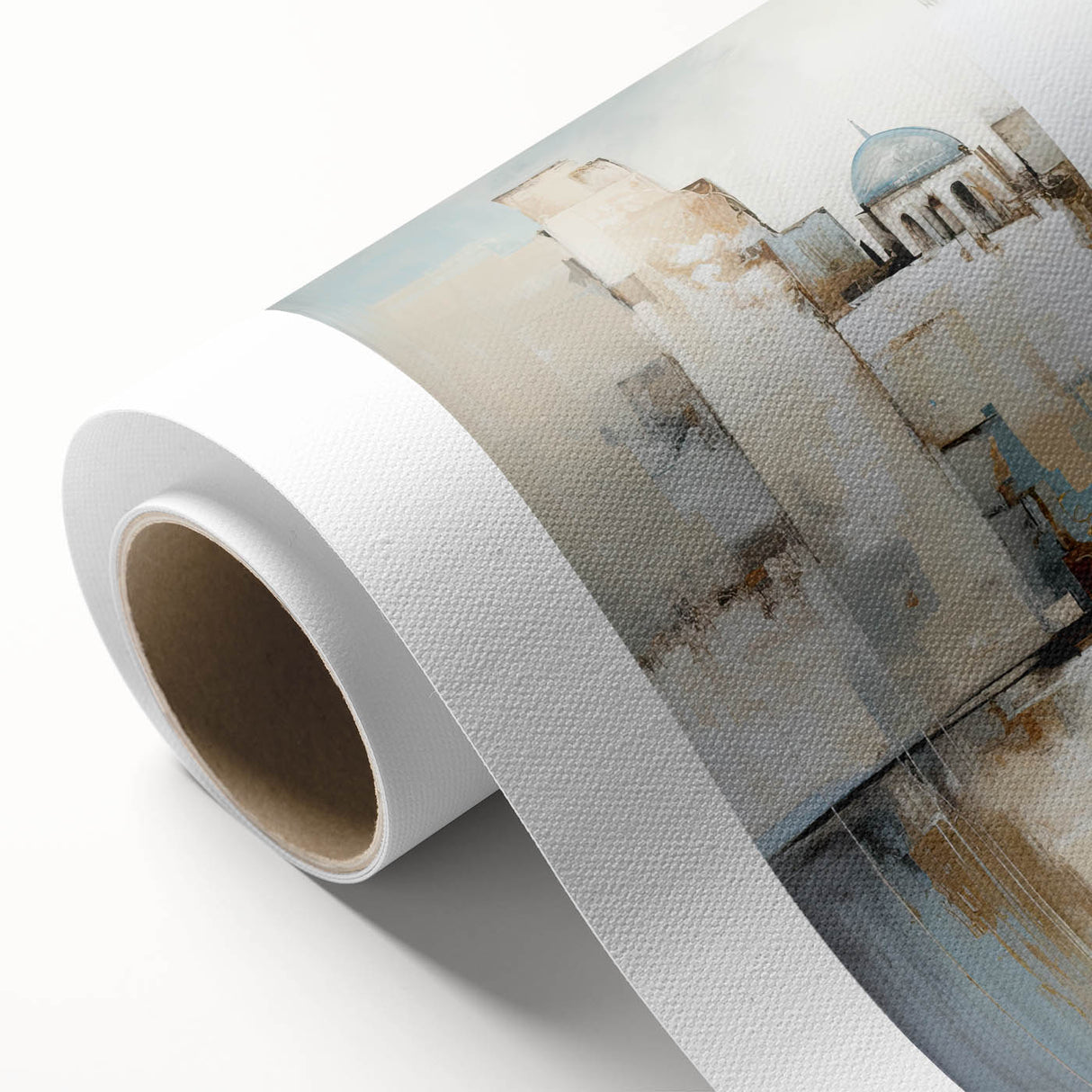 Abstract architecture wall art on rolled canvas, showcasing geometric shapes in vibrant colors, designed to enhance modern interiors. Comes packaged in a durable cardboard tube for protection during shipping.