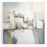 Abstract architecture wall art on stretched canvas, showcasing geometric shapes in vibrant blue and orange tones, ideal for modern interior decor.