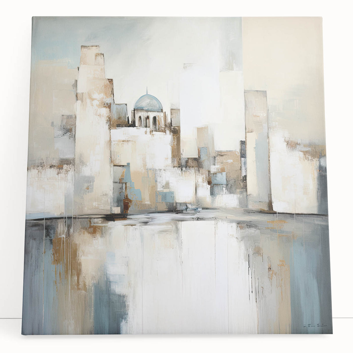 Abstract architectural wall art printed on stretched canvas, showcasing vibrant colors and geometric shapes, ideal for modern home decor. The piece leans against a neutral wall, adding a contemporary touch to the space.