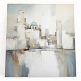 Abstract architectural wall art printed on stretched canvas, showcasing vibrant colors and geometric shapes, ideal for modern home decor. The piece leans against a neutral wall, adding a contemporary touch to the space.