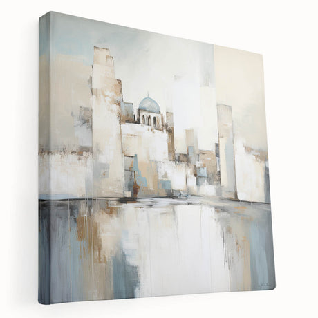 Abstract architecture wall art on stretched canvas showcasing a vibrant geometric design with bold colors and intricate patterns, perfect for modern decor.