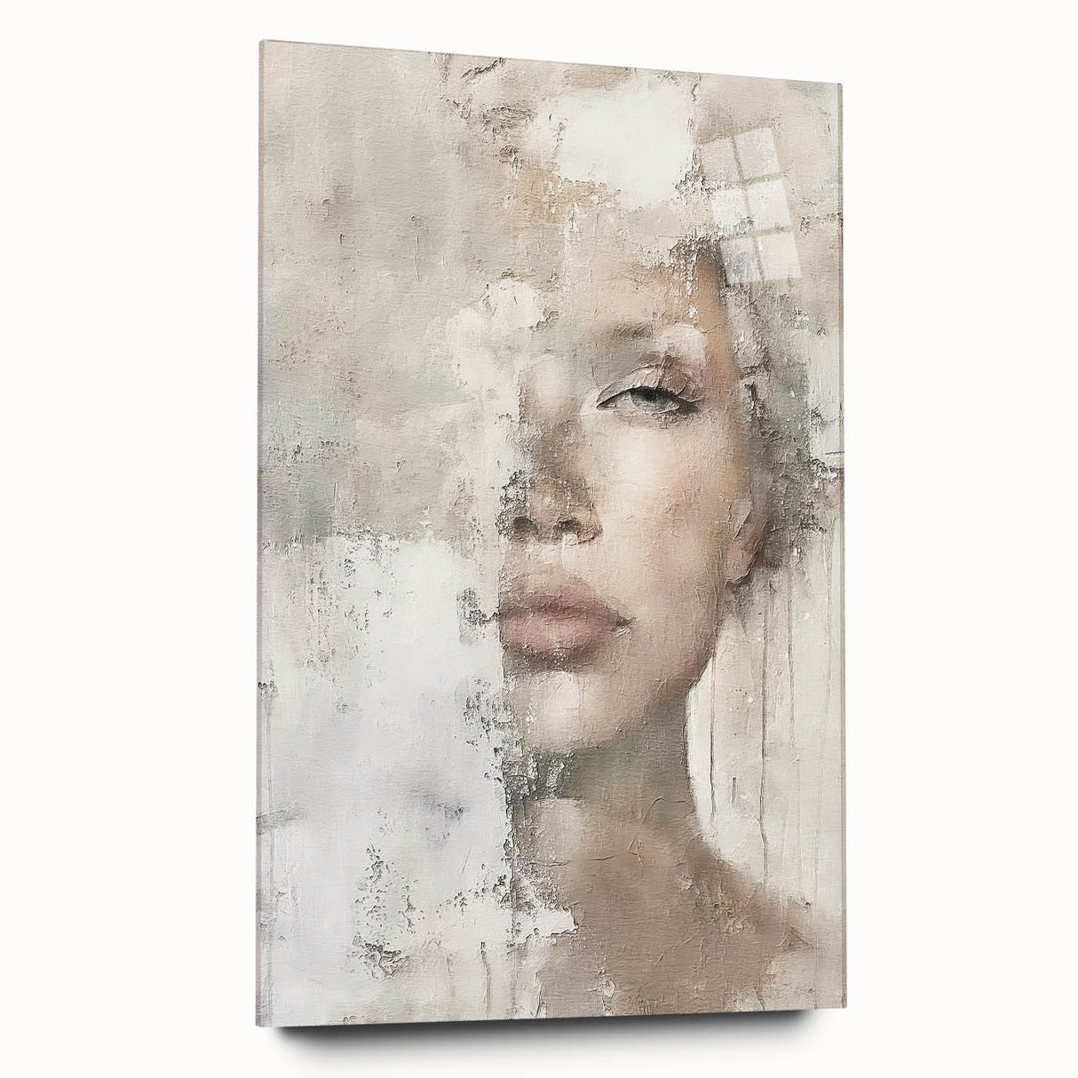 Abstract figurative wall art displayed in a sleek acrylic glass frame, showcasing vibrant colors and dynamic shapes, perfect for modern home decor.