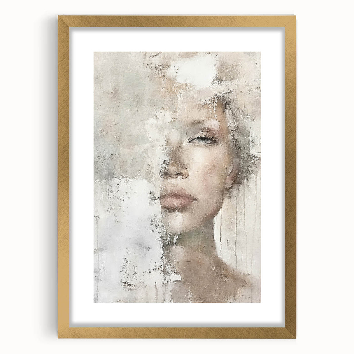 Abstract figurative wall art framed in gold with a mat, showcasing vibrant colors and dynamic shapes, perfect for modern home decor enhancement.