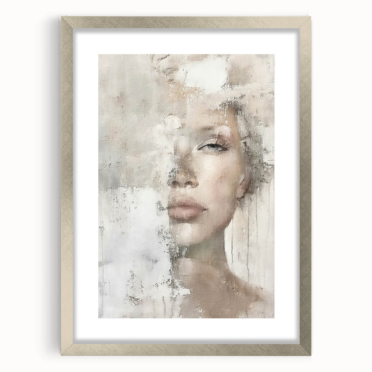 Abstract figurative wall art framed in silver, showcasing vibrant colors and dynamic shapes, ideal for modern home decor. The mat adds a sophisticated touch, enhancing the artwork's visual appeal.