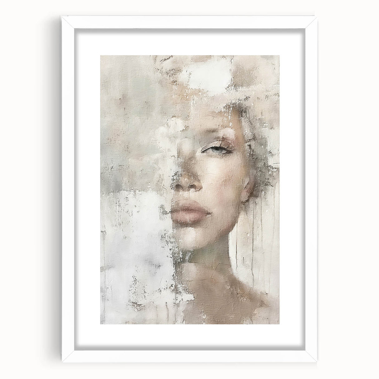 Abstract figurative wall art framed in white with a matte finish, showcasing vibrant colors and dynamic shapes, perfect for modern home decor.