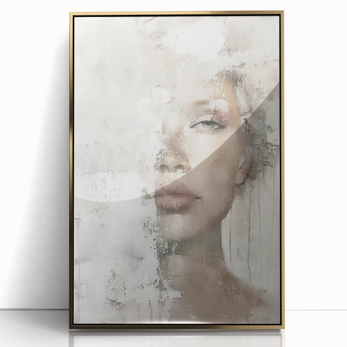 Framed abstract figurative wall art with a gold-acrylic finish, showcasing modern design elements and vibrant colors, perfect for contemporary home decor.