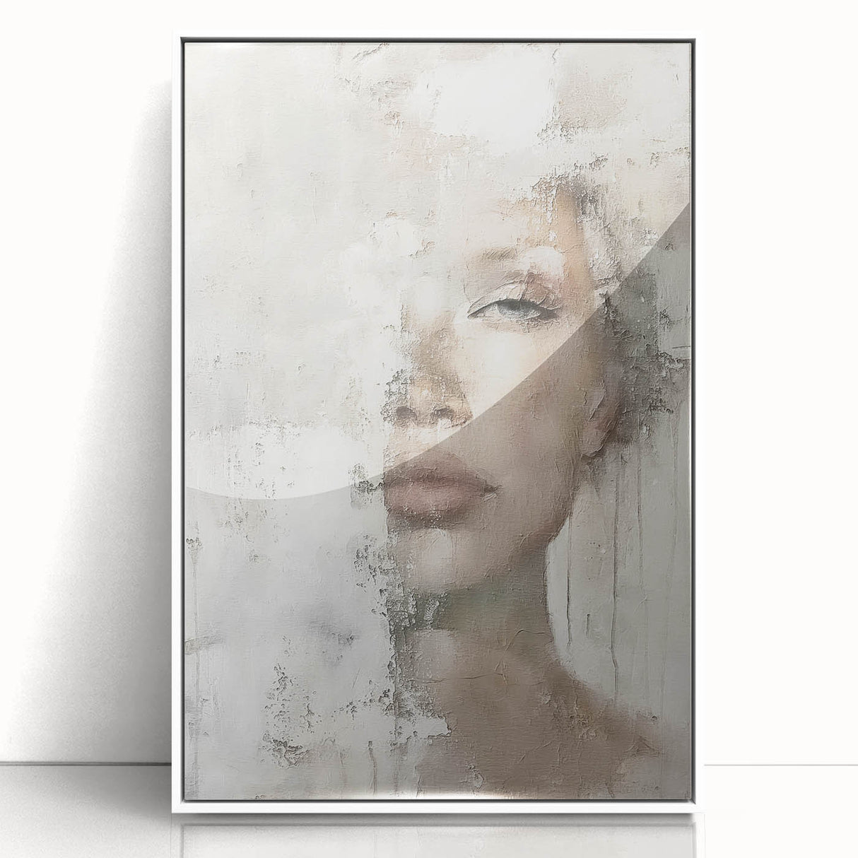 Framed abstract figurative wall art in white acrylic, showcasing vibrant colors and dynamic shapes, perfect for modern decor and adding a contemporary touch to any space.