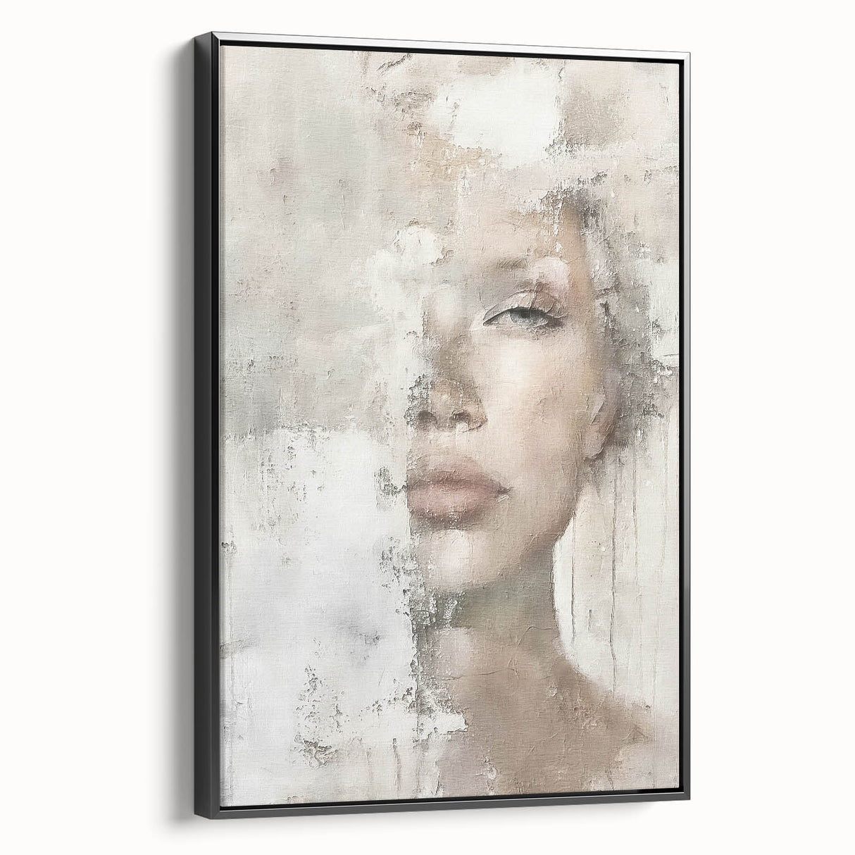 Abstract figurative wall art featuring bold colors and dynamic shapes, framed in black, showcasing a modern artistic design that enhances contemporary decor.