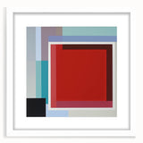 Abstract geometric frame design with a white mat, showcasing vibrant shapes and colors, ideal for modern decor and artistic displays in contemporary spaces.