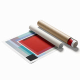 Abstract geometric rolled print featuring vibrant blue, yellow, and red shapes, elegantly packaged in a protective cardboard tube for shipping. Ideal for modern home decor.