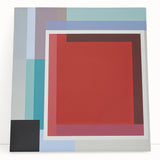 Abstract geometric stretched canvas art piece featuring vibrant colors and dynamic shapes, perfect for modern home decor. Ideal for enhancing living spaces with a contemporary touch.