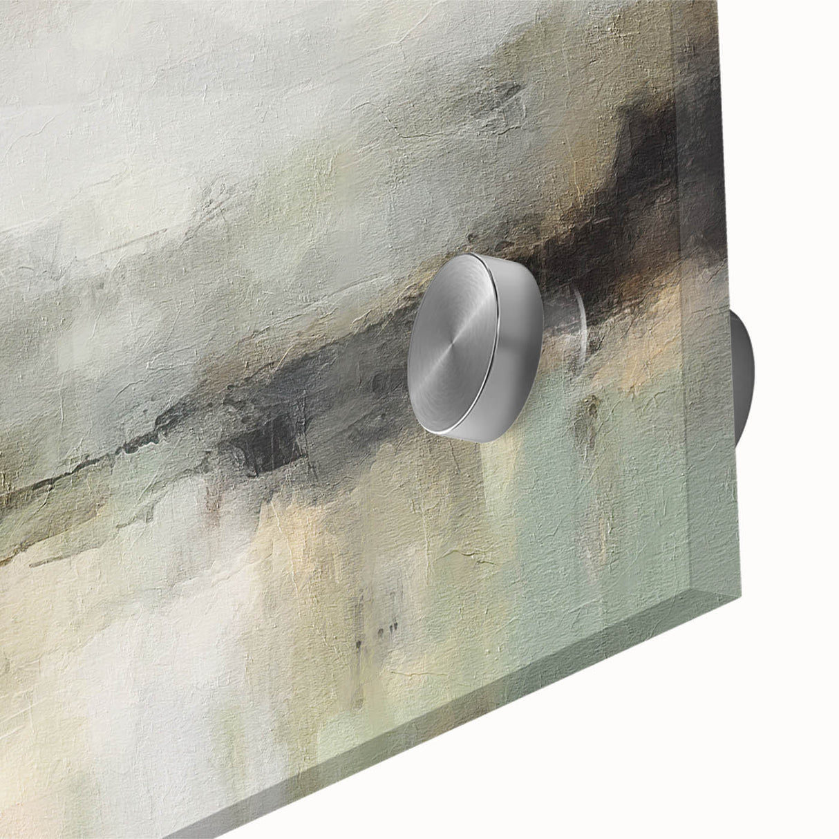 Close-up of an abstract landscape wall art piece printed on acrylic glass, showcasing vibrant colors and intricate details, perfect for modern home decor.