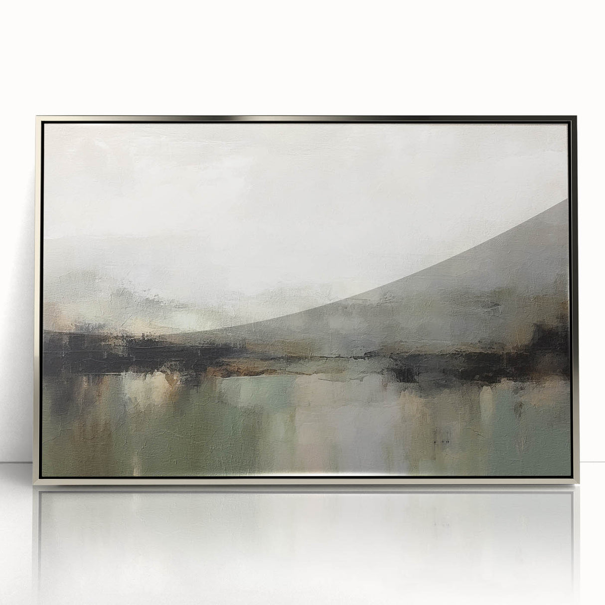 Framed abstract landscape wall art in silver acrylic, showcasing vibrant colors and dynamic shapes, perfect for modern home decor and artistic expression.