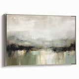 Framed abstract landscape wall art showcasing soft hues of blue and silver, elegantly displayed in a sleek silver frame, perfect for modern decor.