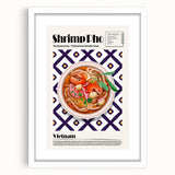 Abstract art print of assorted food dishes in muted earth tones, framed with a white mat, suitable for dining room decor.