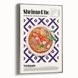 Framed canvas featuring vintage poster art of colorful food dishes on a black background, ideal for kitchen decor.